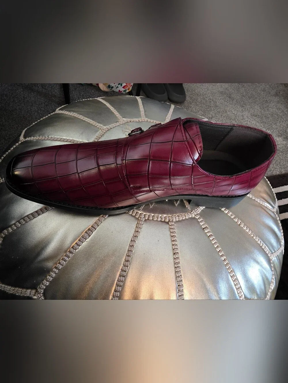 Men's Burgundy Croc-Embossed Triple Monk Strap Dress Shoe